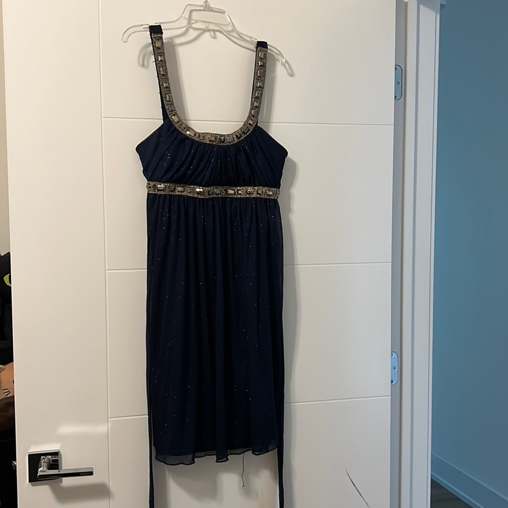 Navy Blue Sparkle Dress with Gold Neckline
